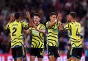 Arsenal players celebrate victory at Crystal Palace