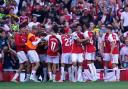 Arsenal celebrate after a late Gabriel Jesus goal against Manchester United