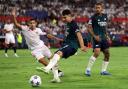 Arsenal's Gabriel Martinelli and Gabriel Jesus in action at Sevilla