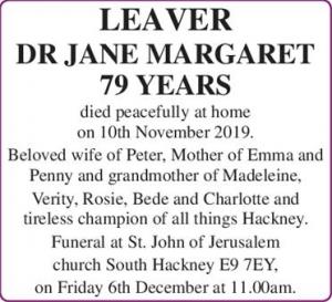 LEAVER Dr Jane Margaret