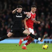 Declan Rice challenges Granit Xhaka during Arsenal's clash with West Ham United last season