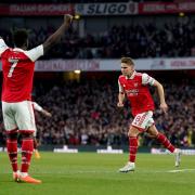 Martin Odegaard celebrates scoring for Arsenal against Chelsea