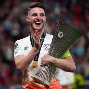 Declan Rice celebrates West Ham's Europa Conference League win