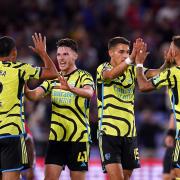 Arsenal players celebrate victory at Crystal Palace