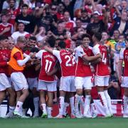 Arsenal celebrate after a late Gabriel Jesus goal against Manchester United