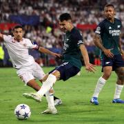 Arsenal's Gabriel Martinelli and Gabriel Jesus in action at Sevilla