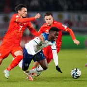 Bukayo Saka on England duty in North Macedonia