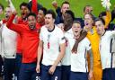 England's Luke Shaw, Tyrone Mings, Reece James, Jude Bellingham, Harry Maguire, Bukayo Saka, Kieran Trippier, Jordan Pickford, Jack Grealish and team-mates celebrate winning the UEFA Euro 2020 semi final match at Wembley Stadium, London. Picture date: