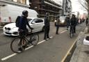 Campaigners - pictured during a 'human bike lane' protest earlier this year - have long said the Old Street corridor is too dangerous for cyclists. It is hoped the new measures will address this. Picture: Tabitha Tanqueray