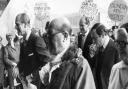 Banner-waving demonstrators greet the Duke of Edinburgh as he arrives to open the new £2m Michael Sobell Sports Centre in Hornsey Road in November 1973