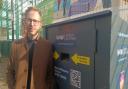 Cllr John Woolf, next to the Finsbury Leisure Centre knife bin