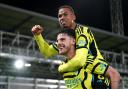 Declan Rice celebrates his late winner for Arsenal at Luton Town