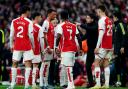 Arsenal boss Mikel Arteta talks to his players during their game with Brighton