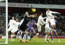 Arsenal's Jakub Kiowor heads into his own net in their FA Cup loss to Liverpool