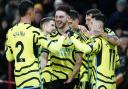 Declan Rice celebrates scoring Arsenal's fifth goal at Sheffield United