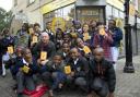 Nick Hornby with young writers he supported at Ministry Of Stories in Hoxton