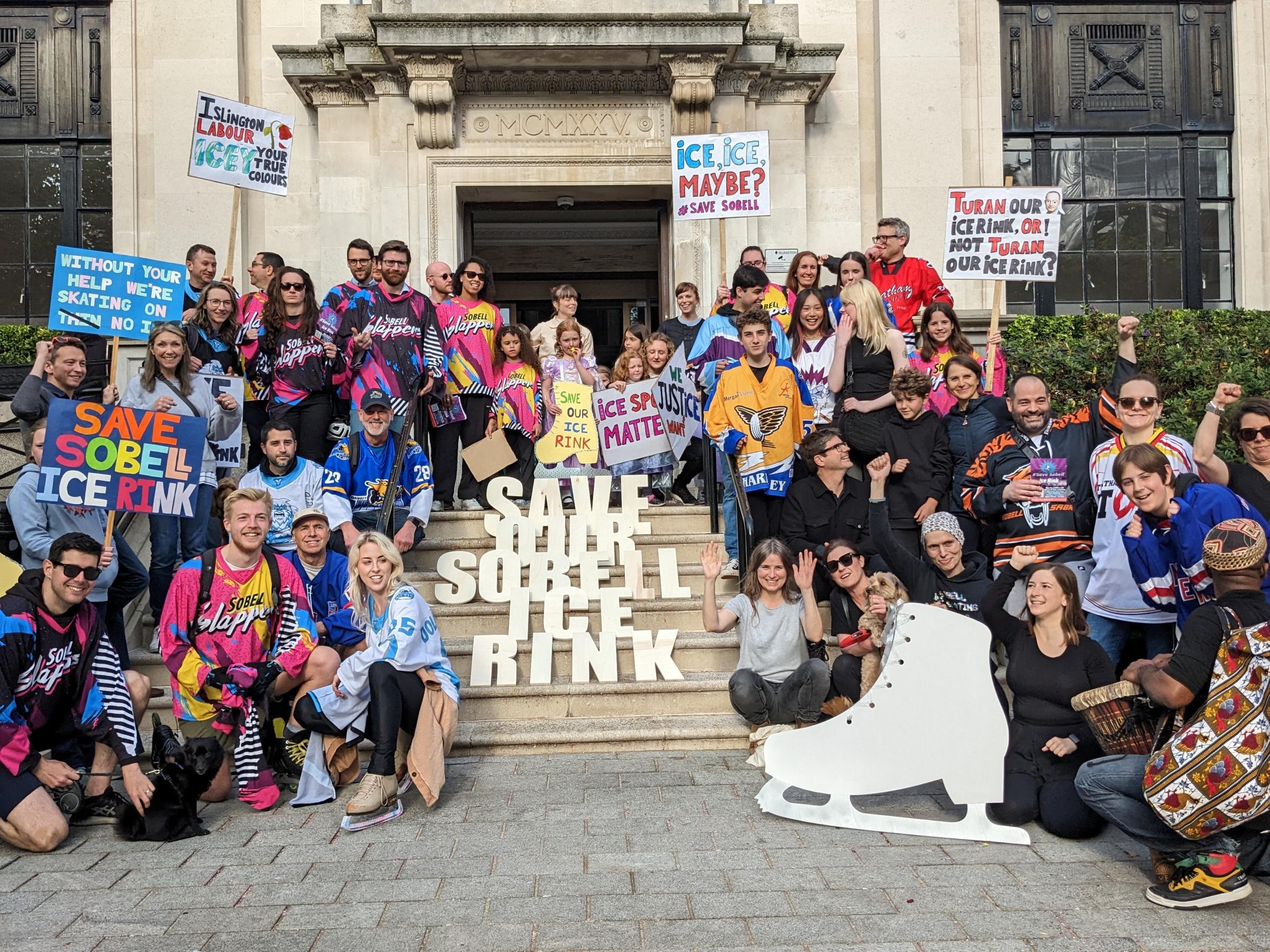 protesting over future of Sobell ice rink, pic Julia Gregory, free for use by partners of BBC news wire service