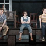 Harry Redding (Jem Finch) David Moorst (Dill Harris) and Gwyneth Keyworth as Scout Finch in To Kill A Mockingbird