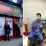 Crouch End traders outside Crown London (left) and Whittington staff with their donations