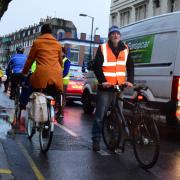 John Ackers, of Cycle Islington, at the Active Travel Now cycle lane protest in Penton Street this morning. Picture: Polly Hancock