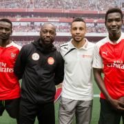 Arsenal in the Community launches its joint scheme with Centrepoint. Nathan Auguste and Francis Coquelin, centre, took a training session at the Arsenal Hub. Picture: Charlie Forgham-Bailey