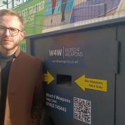 Cllr John Woolf, next to the Finsbury Leisure Centre knife bin