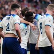 Bukayo Saka celebrates after scoring for England against Ukraine