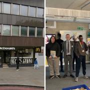 Students at Samuel Rhodes School with (from left to right) Michael Fitzgerald from CSEF, Preetham Seepaul – area manager for McDonald's, Ruhel Miah – branch manager at Highbury Corner