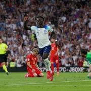 Bukayo Saka celebrates scoring his third goal for England against North Macedonia. Picture: TIM GOODE/PA