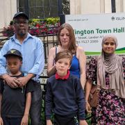 Pooles Park parents Paul Levy-Adophy with Uchenna, Catherine Galvin with Leighton, Rubena Begum. Photo: Julia Gregory