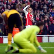 Martin Odegaard celebrates Arsenal's second goal against Wolves