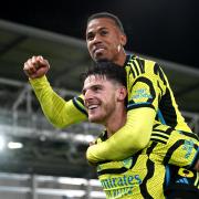 Declan Rice celebrates his late winner for Arsenal at Luton Town