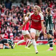 Arsenal's Cloe Lacasse celebrates scoring their third goal against Manchester United. Picture: RHIANNA CHADWICK/PA