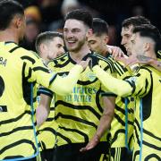 Declan Rice celebrates scoring Arsenal's fifth goal at Sheffield United