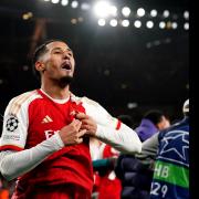 William Saliba celebrates Arsenal's win over Porto