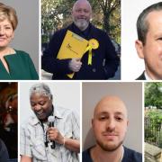 Top, from left to right:  Emily Thornberry (Labour), Terry Stacy (Lib Dems), Carne Ross (Green). Bottom, from left to right: Jake Anthony Painter (SDP),  Lesley Woodburn (Party of Women), Ethan Saunders (TUSC), Imogen Sinclair (Conservatives)