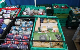 Food laid out in crates at a food bank in north London.