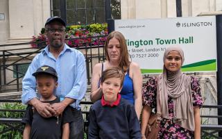 Pooles Park parents Paul Levy-Adophy with Uchenna, Catherine Galvin with Leighton, Rubena Begum. Photo: Julia Gregory